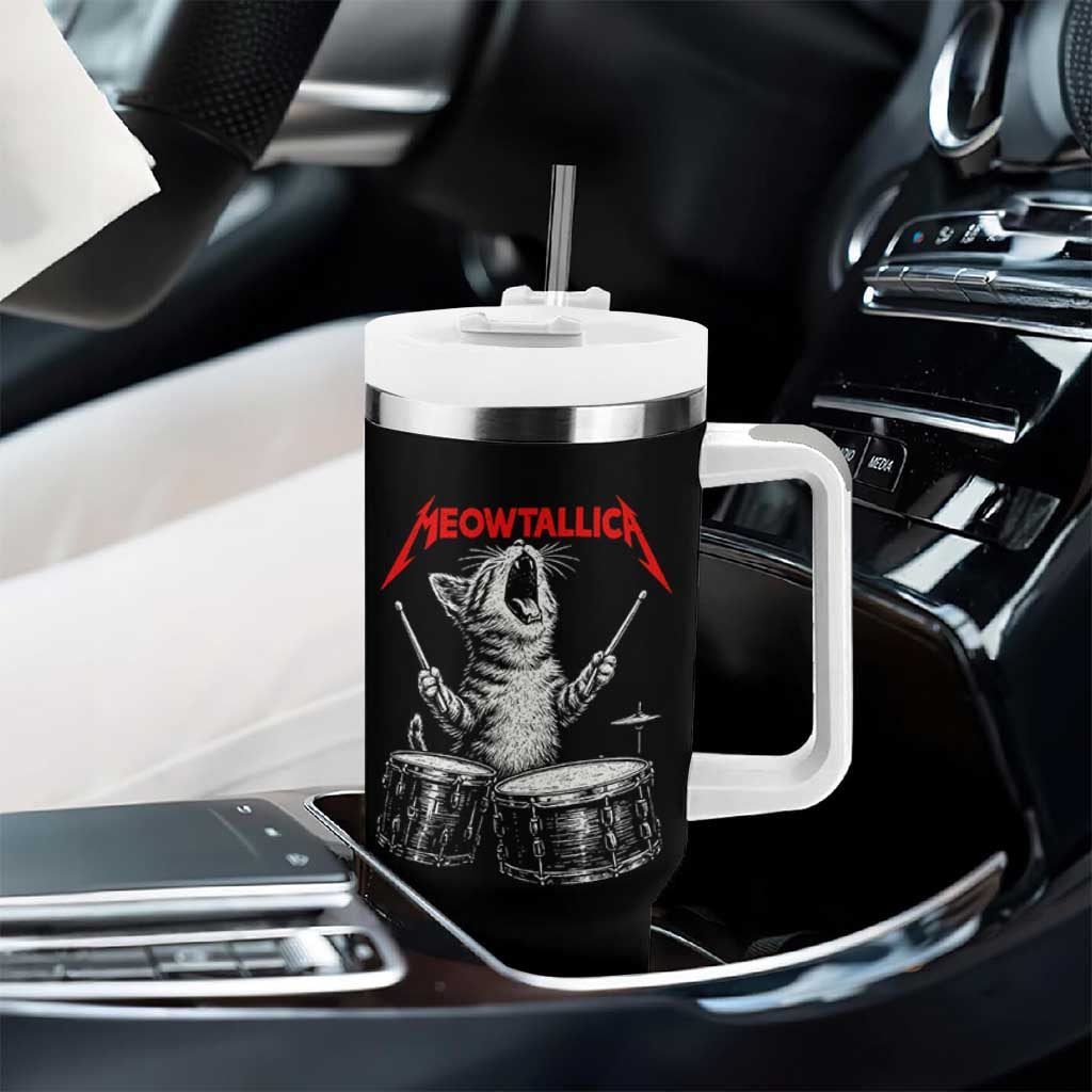 Rock On Vintage Drummer Cat Tumbler With Handle Vintage 90s 80s Band Style Gift for Cat Owners - Wonder Print Shop