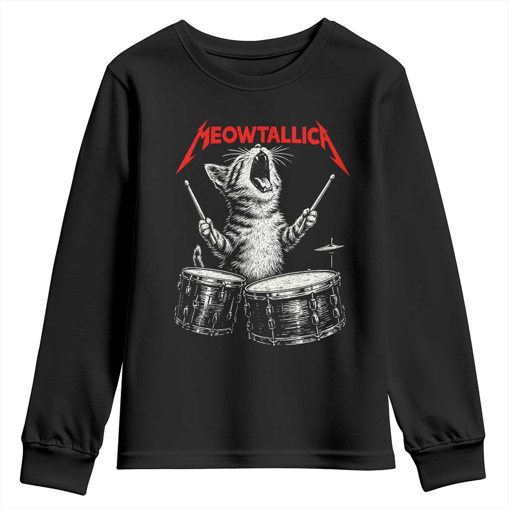 Rock On Vintage Drummer Cat Youth Sweatshirt Vintage 90s 80s Band Style Gift for Cat Owners - Wonder Print Shop