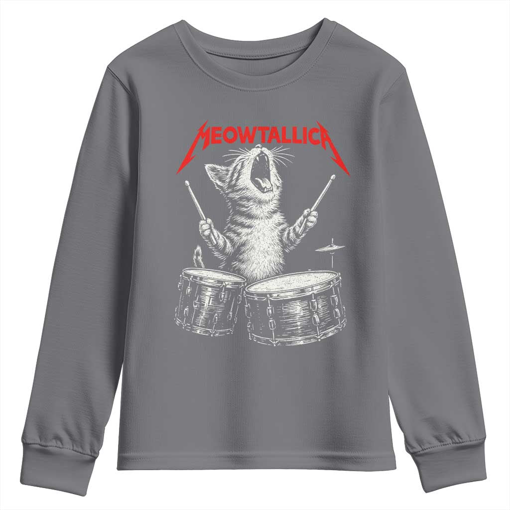 Rock On Vintage Drummer Cat Youth Sweatshirt Vintage 90s 80s Band Style Gift for Cat Owners - Wonder Print Shop