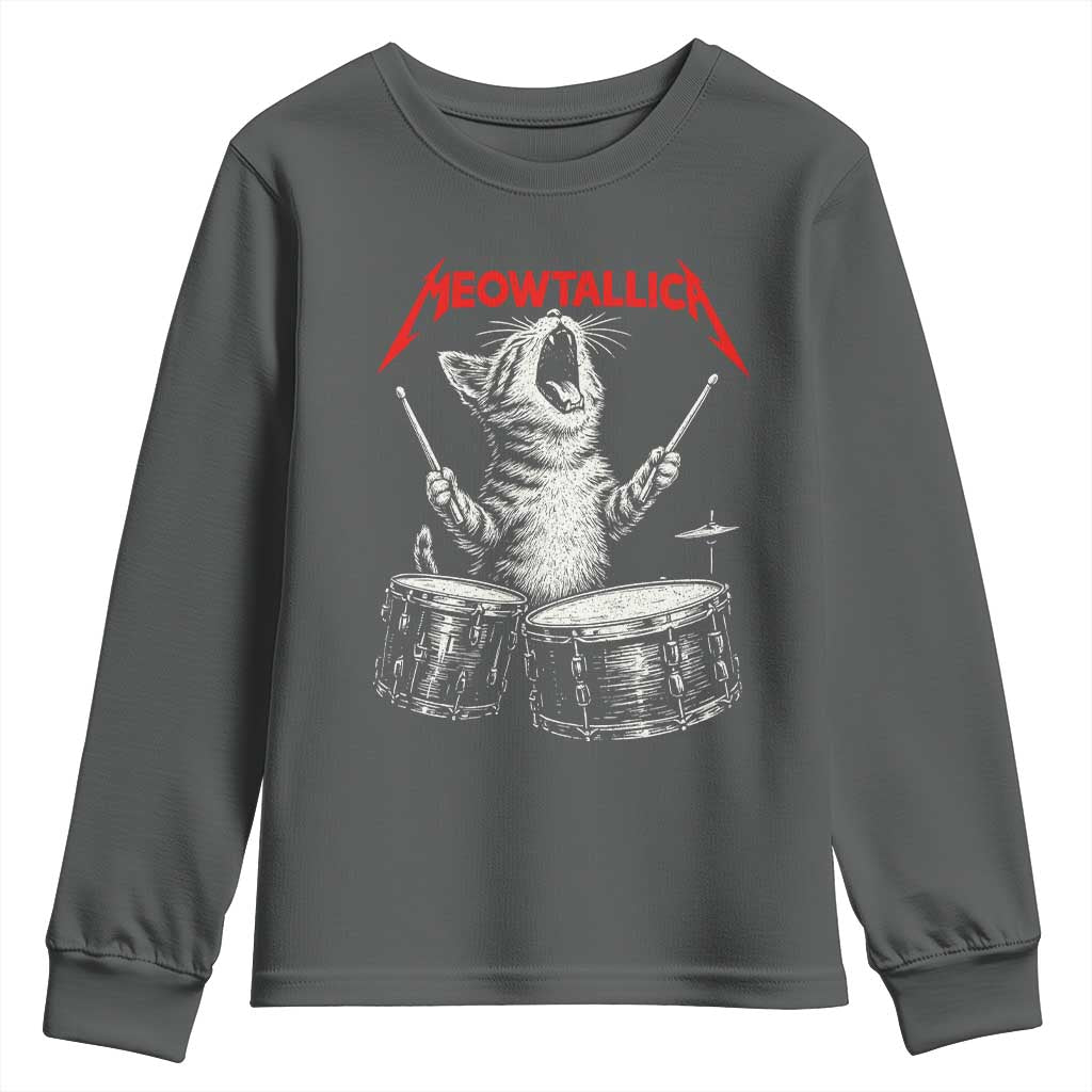 Rock On Vintage Drummer Cat Youth Sweatshirt Vintage 90s 80s Band Style Gift for Cat Owners - Wonder Print Shop