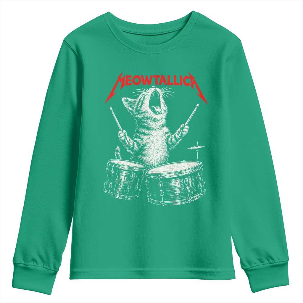 Rock On Vintage Drummer Cat Youth Sweatshirt Vintage 90s 80s Band Style Gift for Cat Owners - Wonder Print Shop