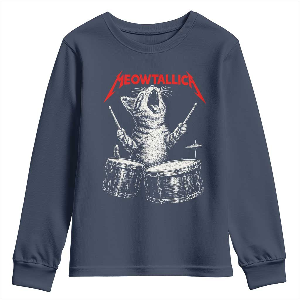 Rock On Vintage Drummer Cat Youth Sweatshirt Vintage 90s 80s Band Style Gift for Cat Owners - Wonder Print Shop
