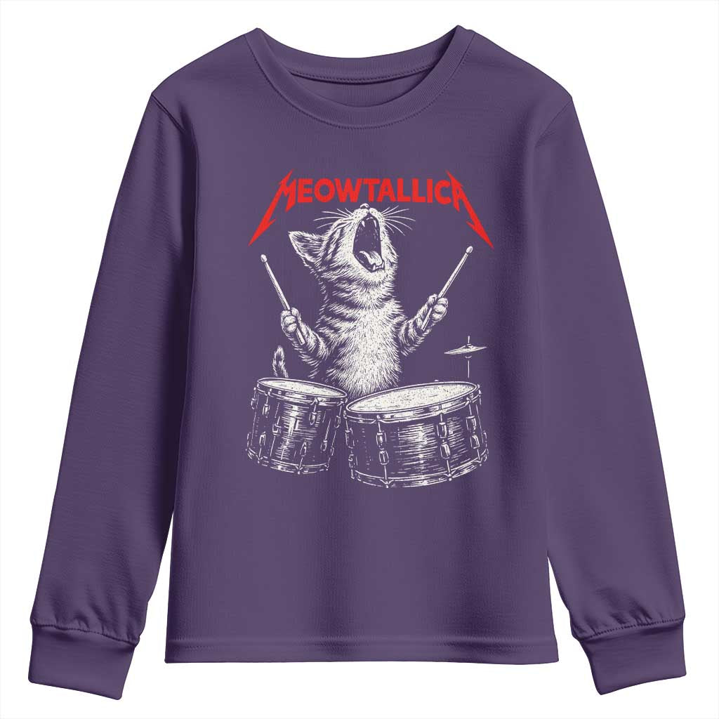 Rock On Vintage Drummer Cat Youth Sweatshirt Vintage 90s 80s Band Style Gift for Cat Owners - Wonder Print Shop