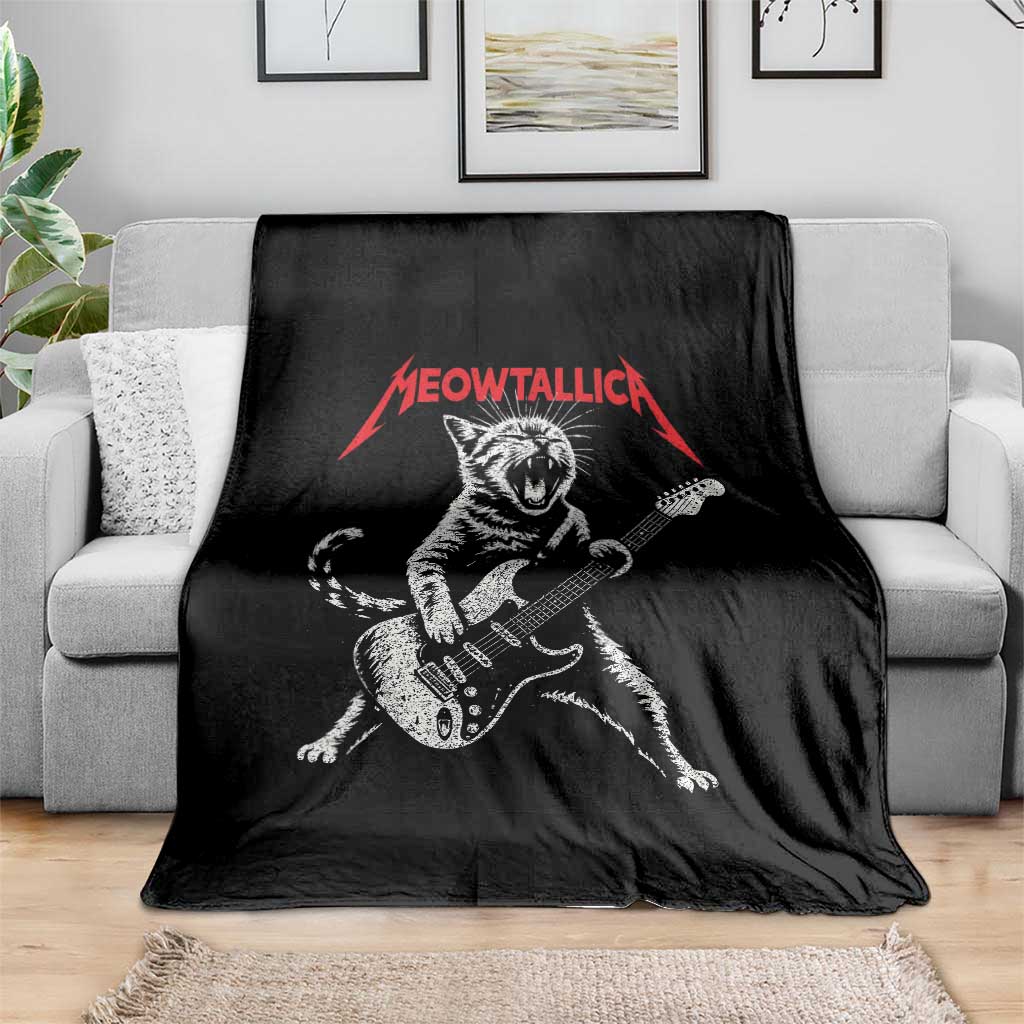 Funny Cat Playing Guitar Throw Blanket Vintage 90s Classic Rock Star Cat Graphic Rock and Roll - Wonder Print Shop