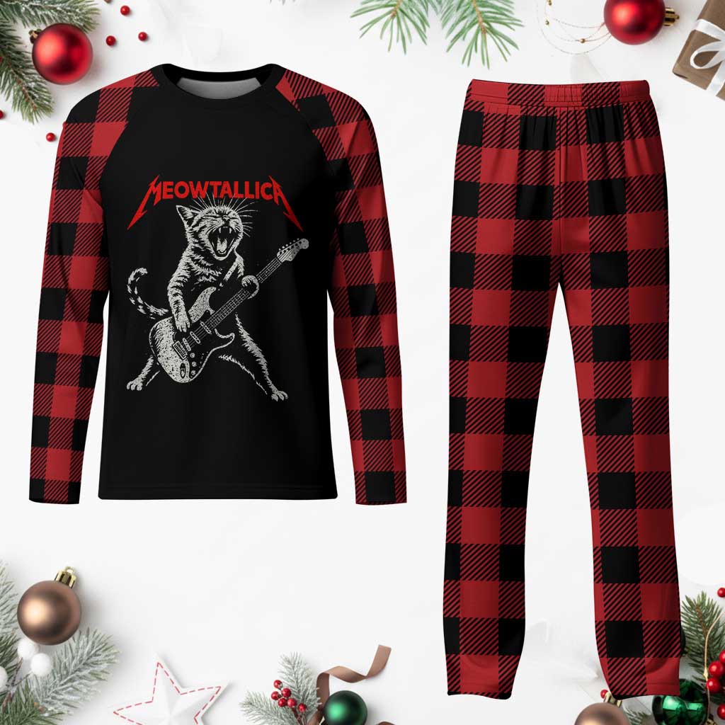 Funny Cat Playing Guitar Plaid Pajama Set Vintage 90s Classic Rock Star Cat Graphic Rock and Roll - Wonder Print Shop