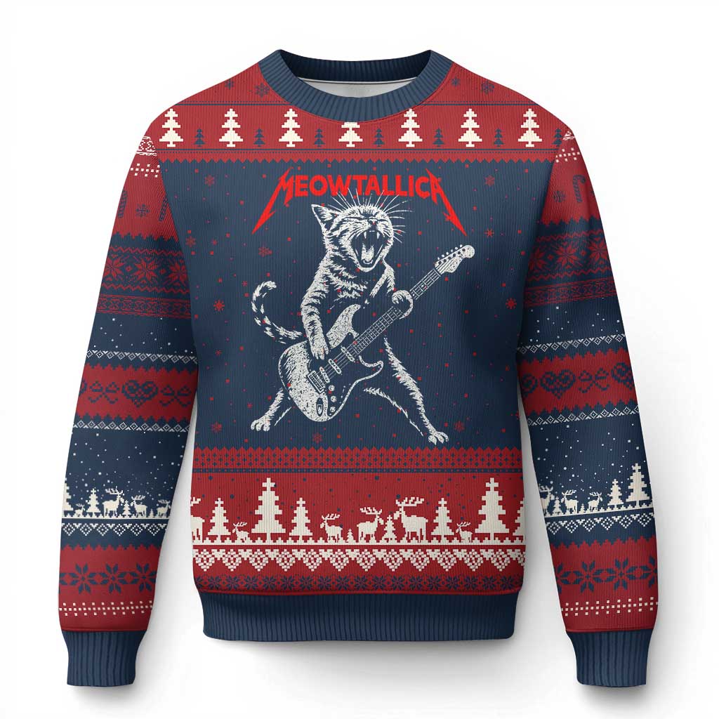 Funny Cat Playing Guitar Ugly Christmas Sweater Vintage 90s Classic Rock Star Cat Graphic Rock and Roll - Wonder Print Shop