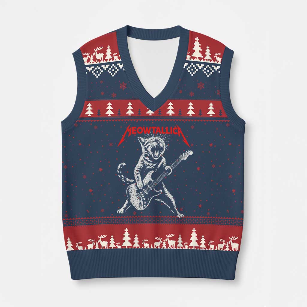Funny Cat Playing Guitar V-Neck Knit Sweater Vest Vintage 90s Classic Rock Star Cat Graphic Rock and Roll - Wonder Print Shop