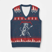 Funny Cat Playing Guitar V-Neck Knit Sweater Vest Vintage 90s Classic Rock Star Cat Graphic Rock and Roll - Wonder Print Shop