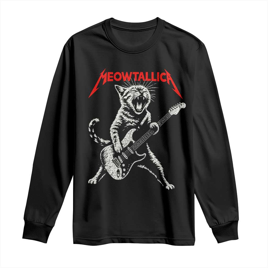 Funny Cat Playing Guitar Long Sleeve Shirt Vintage 90s Classic Rock Star Cat Graphic Rock and Roll - Wonder Print Shop