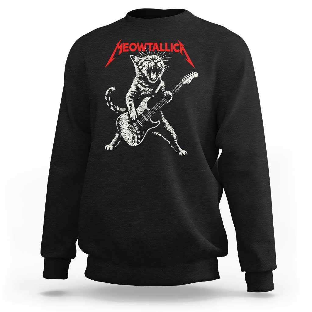 Funny Cat Playing Guitar Sweatshirt Vintage 90s Classic Rock Star Cat Graphic Rock and Roll - Wonder Print Shop