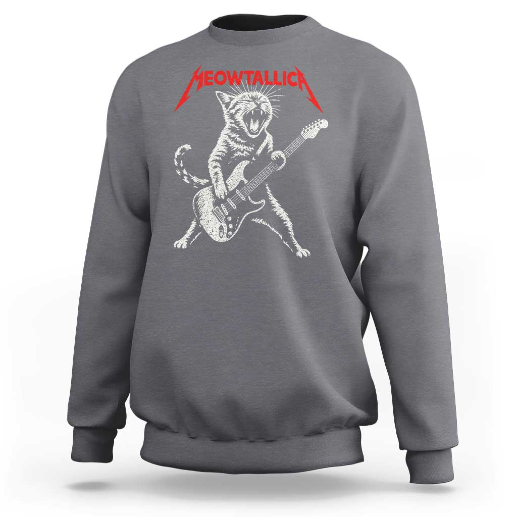 Funny Cat Playing Guitar Sweatshirt Vintage 90s Classic Rock Star Cat Graphic Rock and Roll - Wonder Print Shop