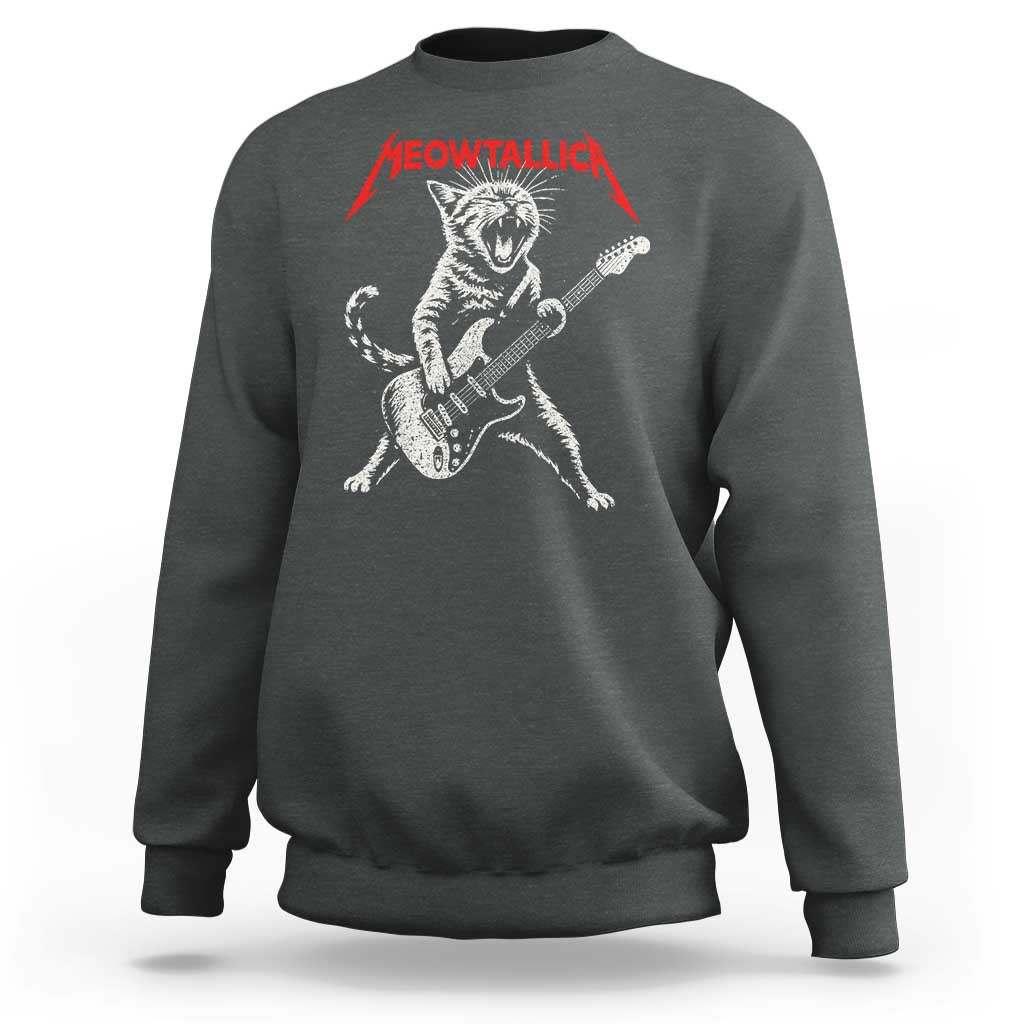 Funny Cat Playing Guitar Sweatshirt Vintage 90s Classic Rock Star Cat Graphic Rock and Roll - Wonder Print Shop