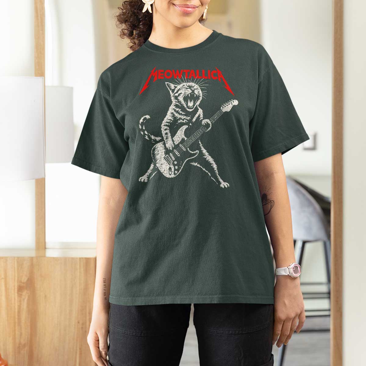 Funny Cat Playing Guitar T Shirt For Women Vintage 90s Classic Rock Star Cat Graphic Rock and Roll - Wonder Print Shop