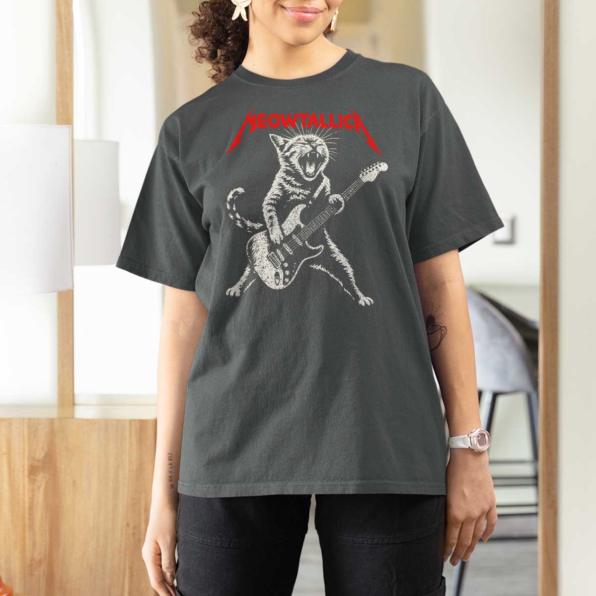 Funny Cat Playing Guitar T Shirt For Women Vintage 90s Classic Rock Star Cat Graphic Rock and Roll - Wonder Print Shop