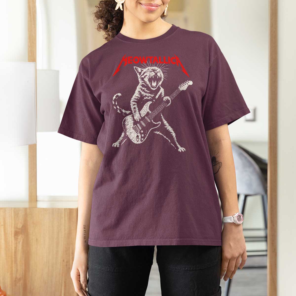 Funny Cat Playing Guitar T Shirt For Women Vintage 90s Classic Rock Star Cat Graphic Rock and Roll - Wonder Print Shop