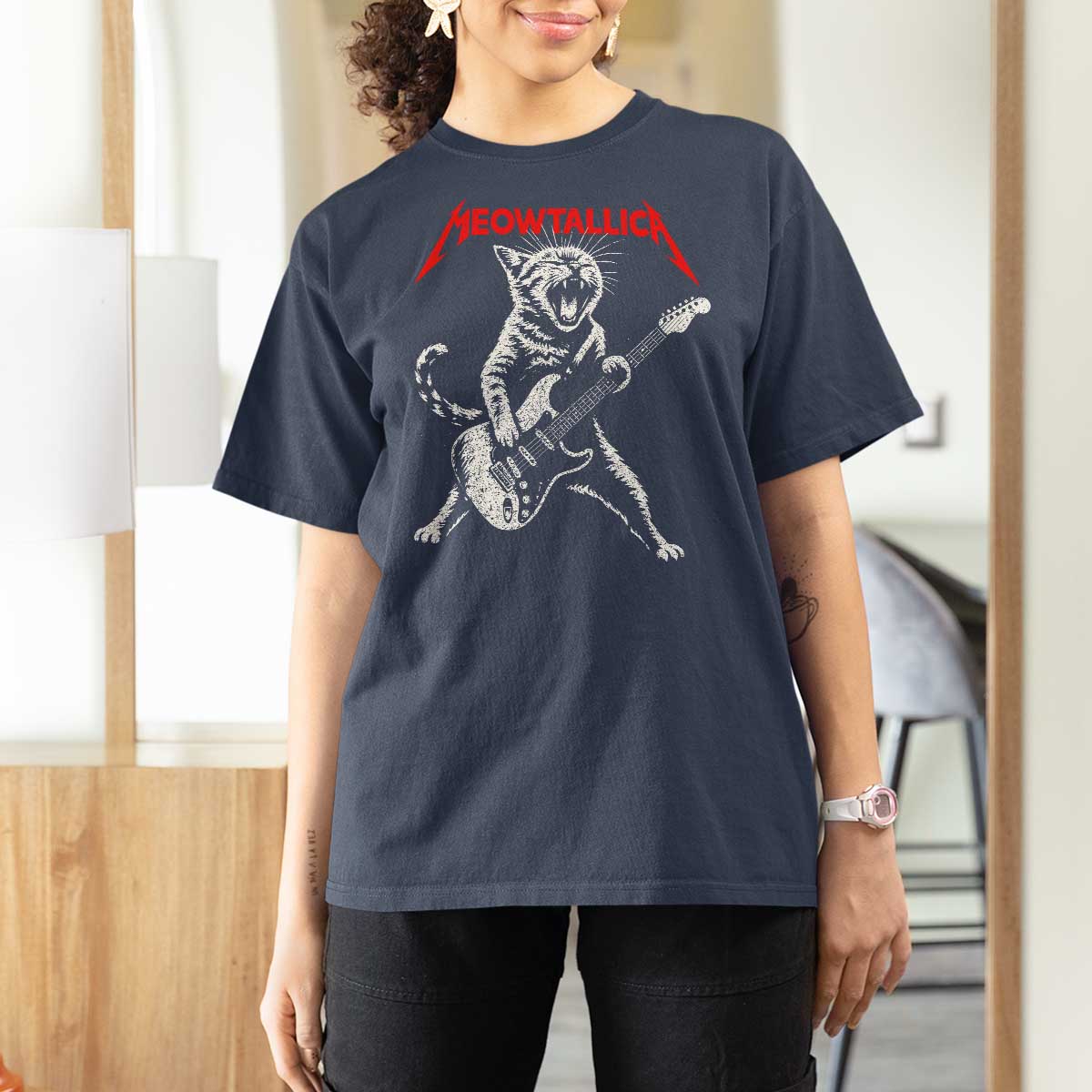 Funny Cat Playing Guitar T Shirt For Women Vintage 90s Classic Rock Star Cat Graphic Rock and Roll - Wonder Print Shop