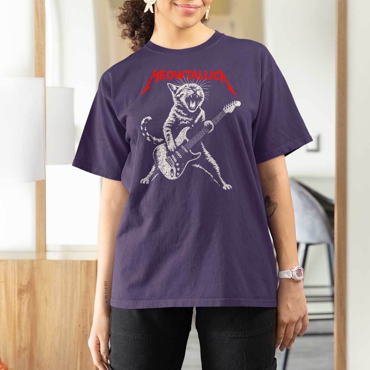 Funny Cat Playing Guitar T Shirt For Women Vintage 90s Classic Rock Star Cat Graphic Rock and Roll - Wonder Print Shop