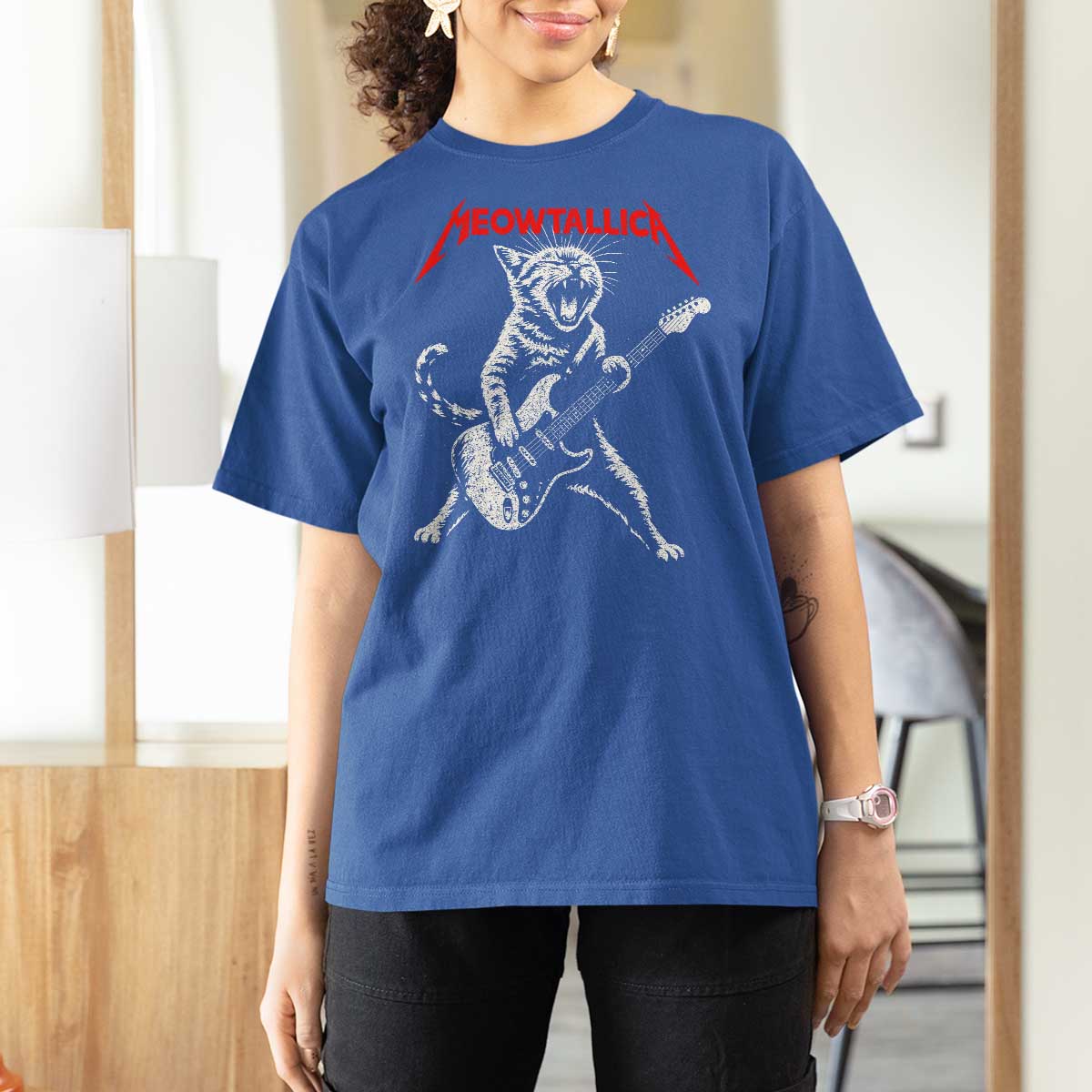 Funny Cat Playing Guitar T Shirt For Women Vintage 90s Classic Rock Star Cat Graphic Rock and Roll - Wonder Print Shop