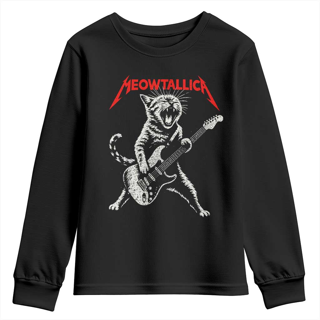 Funny Cat Playing Guitar Youth Sweatshirt Vintage 90s Classic Rock Star Cat Graphic Rock and Roll - Wonder Print Shop