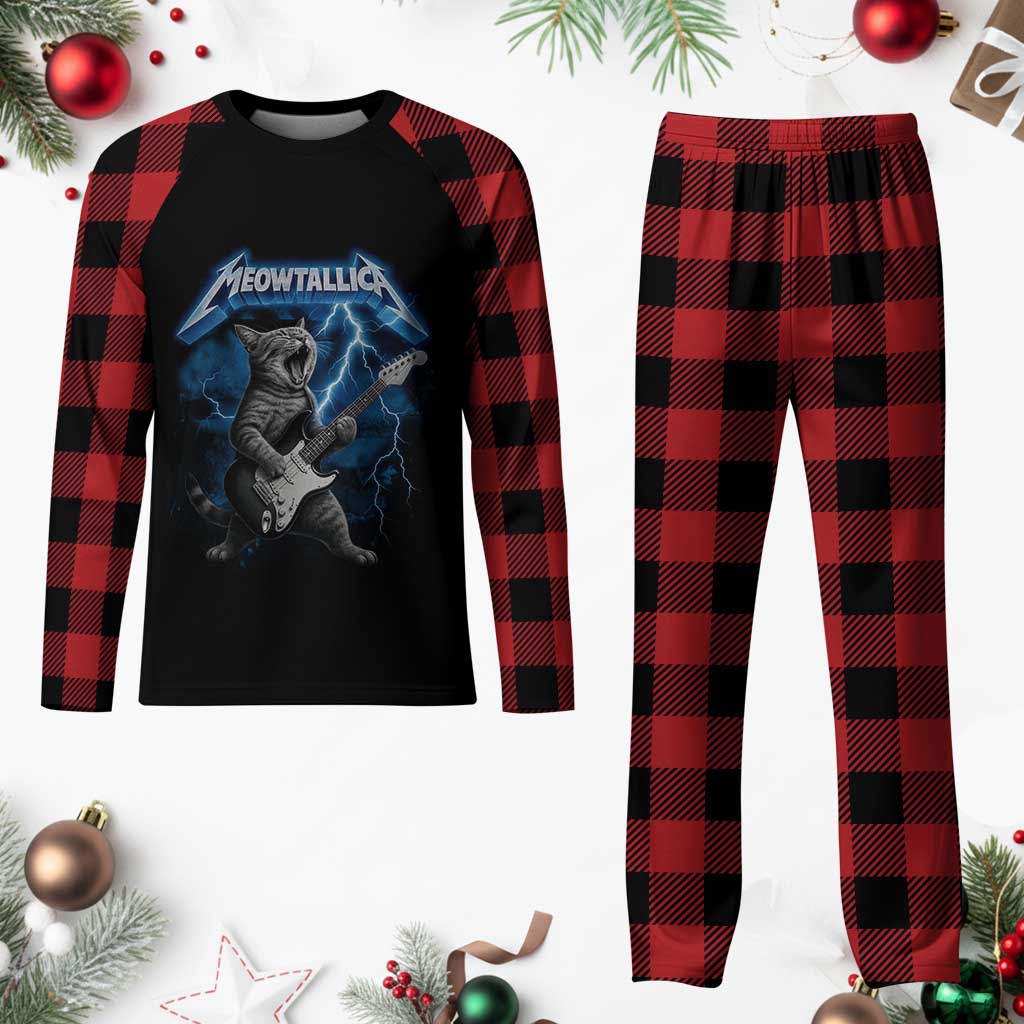 Funny Cat Playing Guitar Plaid Pajama Set Vintage 90s Style Bootleg Graphic Rock Star Rock Cat - Wonder Print Shop