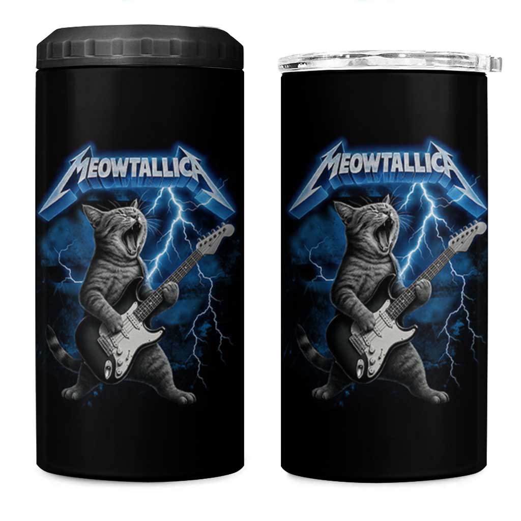 Funny Cat Playing Guitar 4 in 1 Can Cooler Tumbler Vintage 90s Style Bootleg Graphic Rock Star Rock Cat - Wonder Print Shop