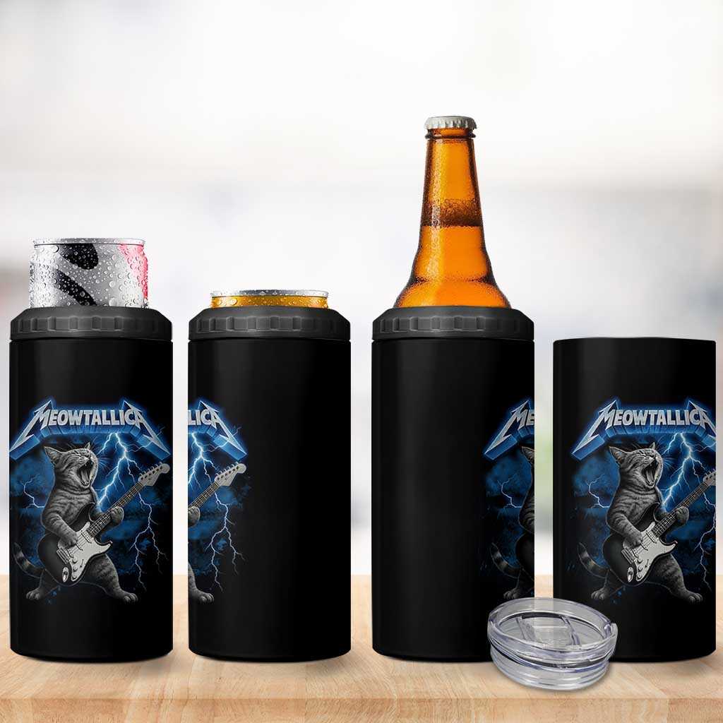 Funny Cat Playing Guitar 4 in 1 Can Cooler Tumbler Vintage 90s Style Bootleg Graphic Rock Star Rock Cat - Wonder Print Shop