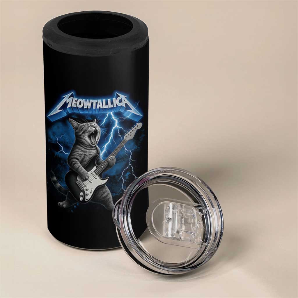 Funny Cat Playing Guitar 4 in 1 Can Cooler Tumbler Vintage 90s Style Bootleg Graphic Rock Star Rock Cat - Wonder Print Shop