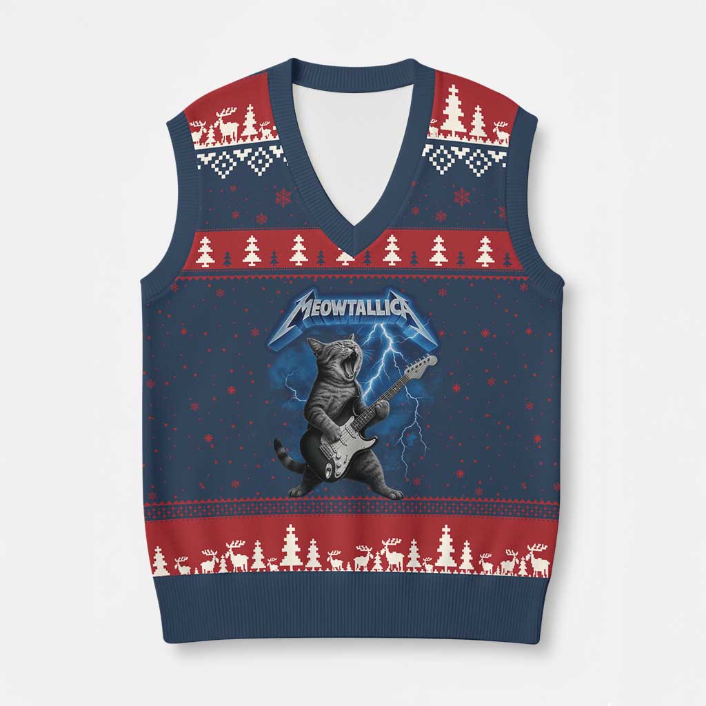 Funny Cat Playing Guitar V-Neck Knit Sweater Vest Vintage 90s Style Bootleg Graphic Rock Star Rock Cat - Wonder Print Shop
