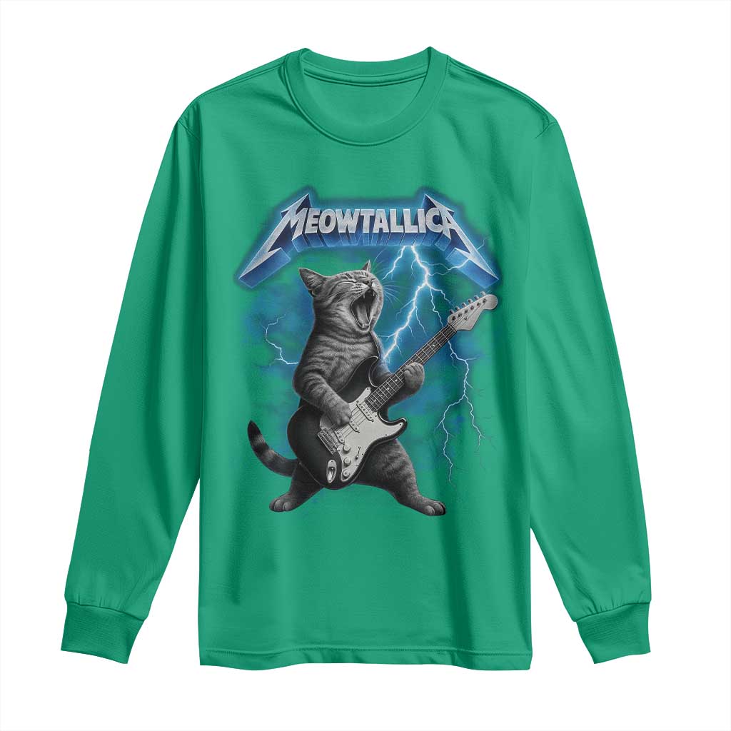 Funny Cat Playing Guitar Long Sleeve Shirt Vintage 90s Style Bootleg Graphic Rock Star Rock Cat - Wonder Print Shop
