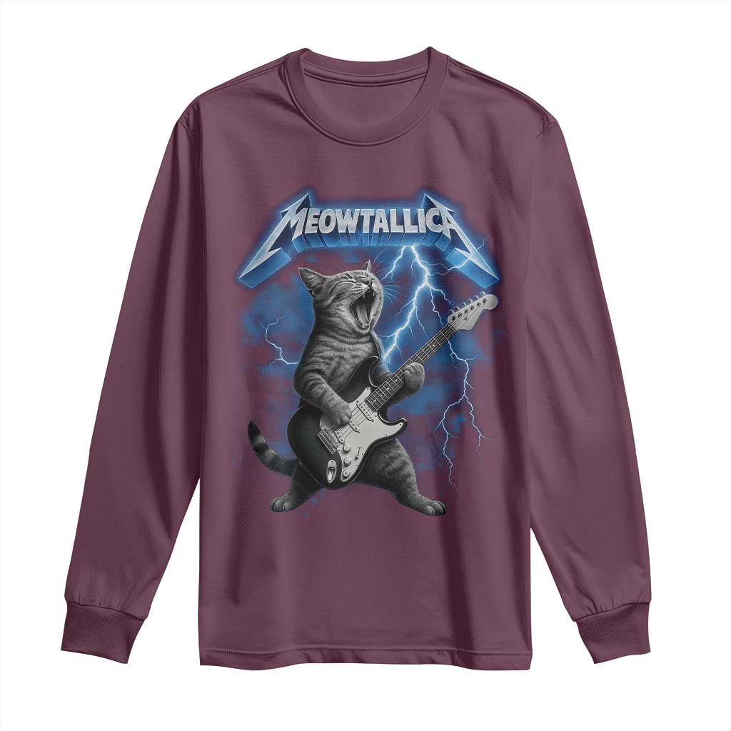 Funny Cat Playing Guitar Long Sleeve Shirt Vintage 90s Style Bootleg Graphic Rock Star Rock Cat - Wonder Print Shop