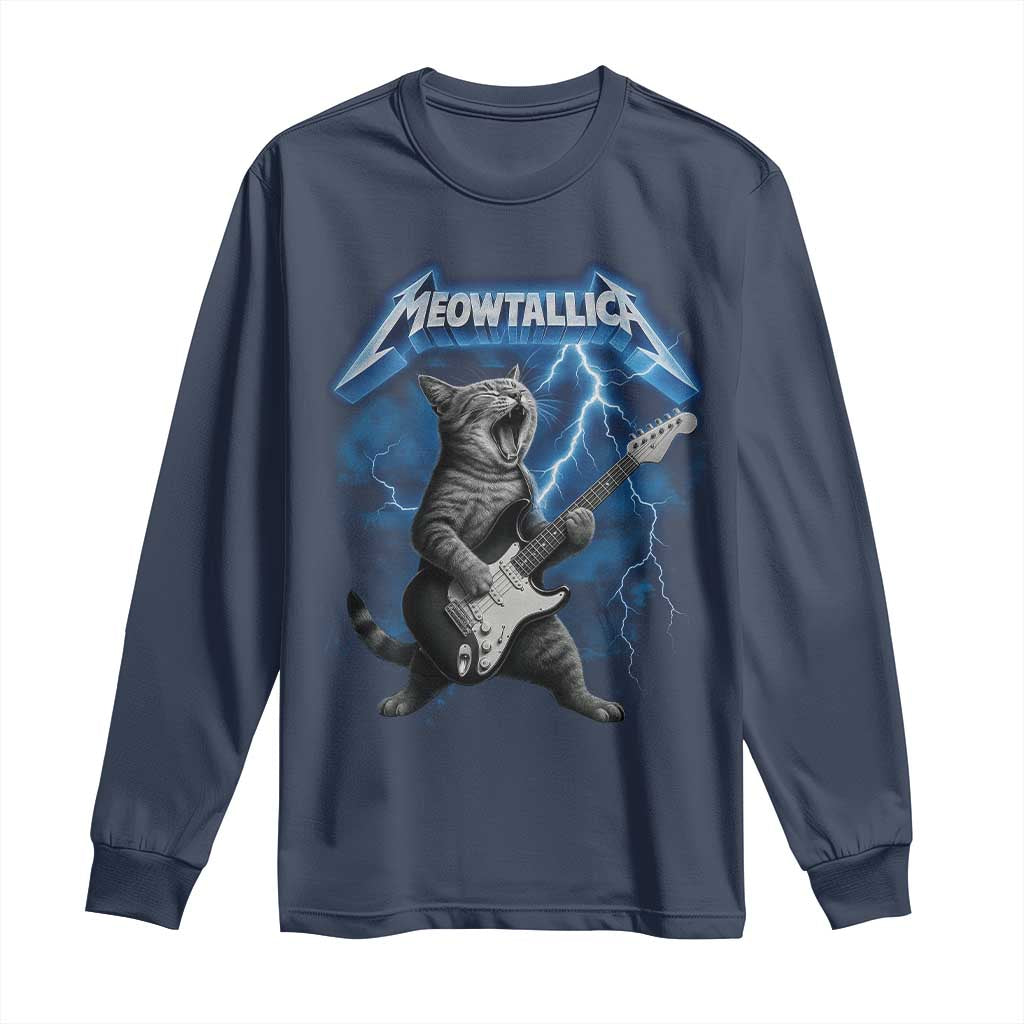 Funny Cat Playing Guitar Long Sleeve Shirt Vintage 90s Style Bootleg Graphic Rock Star Rock Cat - Wonder Print Shop