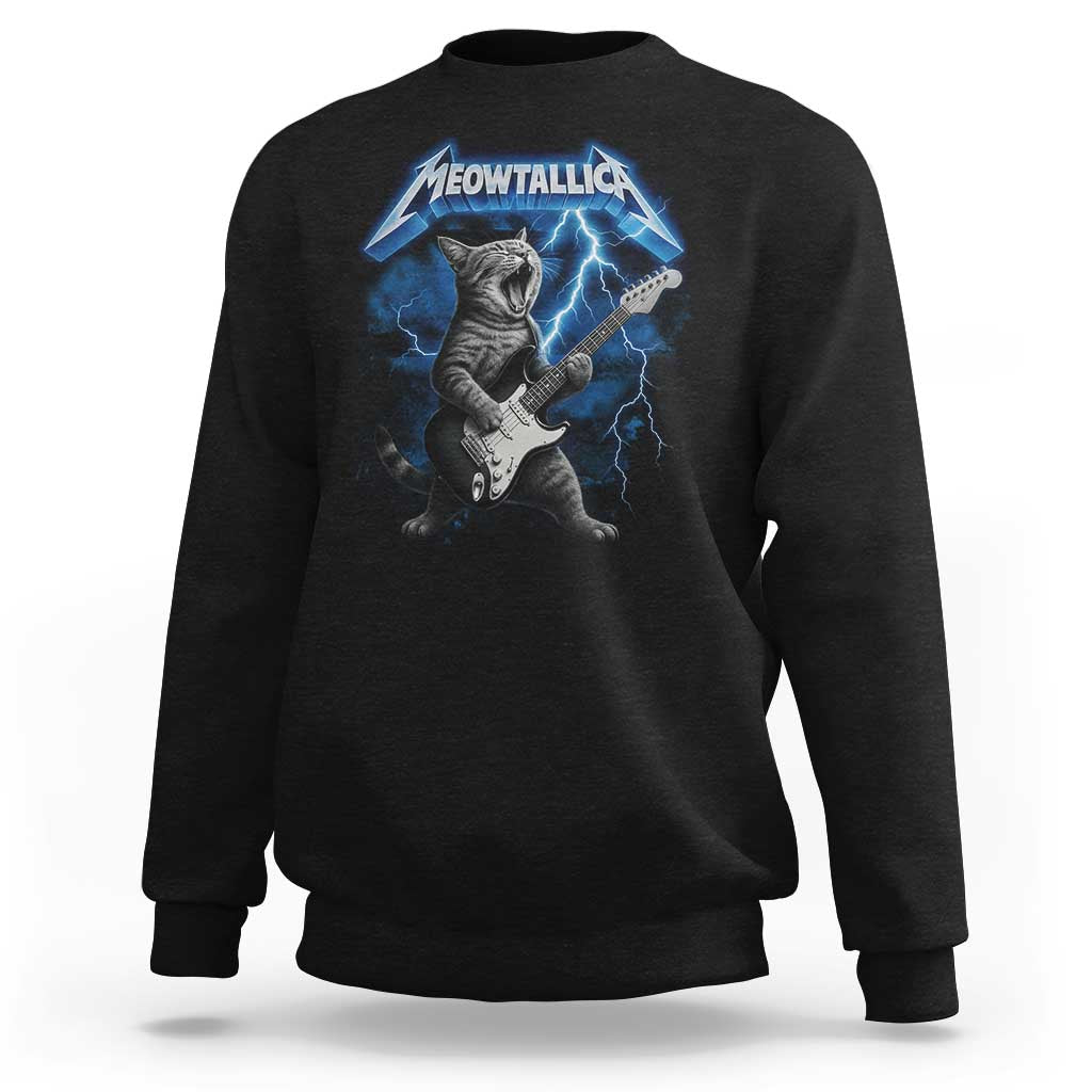 Funny Cat Playing Guitar Sweatshirt Vintage 90s Style Bootleg Graphic Rock Star Rock Cat - Wonder Print Shop