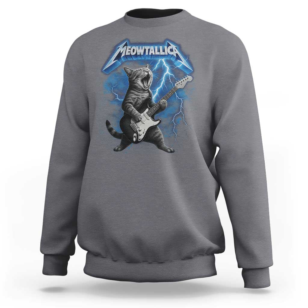 Funny Cat Playing Guitar Sweatshirt Vintage 90s Style Bootleg Graphic Rock Star Rock Cat - Wonder Print Shop