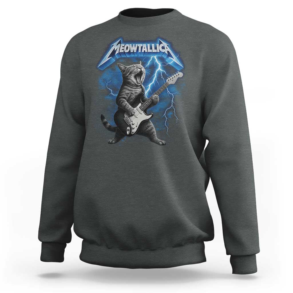 Funny Cat Playing Guitar Sweatshirt Vintage 90s Style Bootleg Graphic Rock Star Rock Cat - Wonder Print Shop