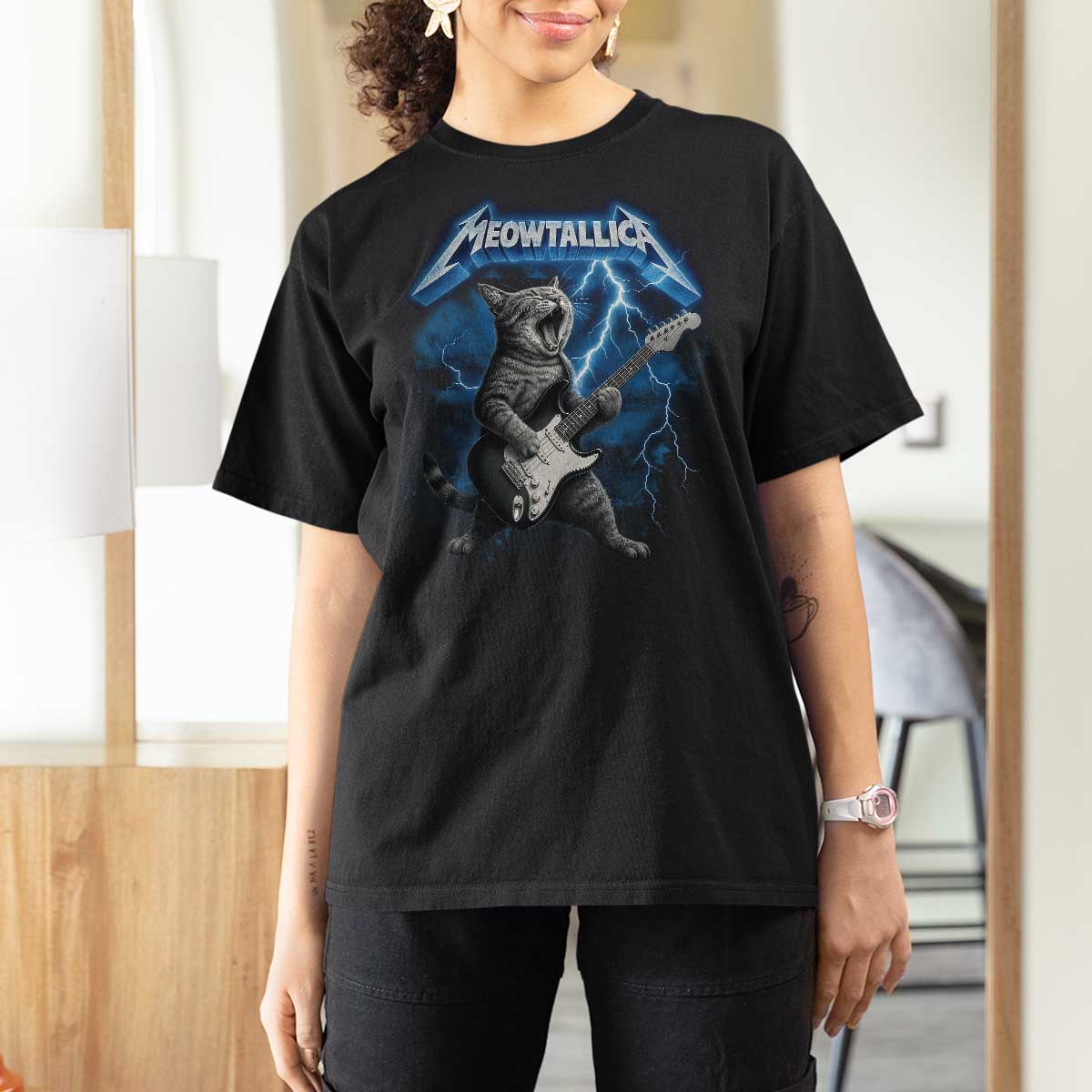 Funny Cat Playing Guitar T Shirt For Women Vintage 90s Style Bootleg Graphic Rock Star Rock Cat - Wonder Print Shop