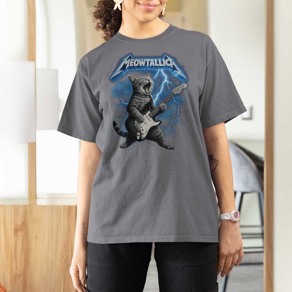 Funny Cat Playing Guitar T Shirt For Women Vintage 90s Style Bootleg Graphic Rock Star Rock Cat - Wonder Print Shop