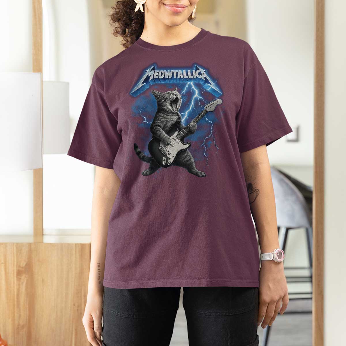 Funny Cat Playing Guitar T Shirt For Women Vintage 90s Style Bootleg Graphic Rock Star Rock Cat - Wonder Print Shop