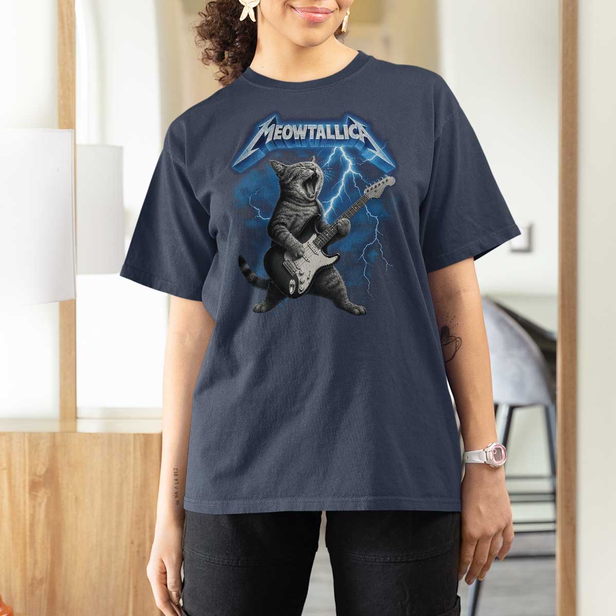 Funny Cat Playing Guitar T Shirt For Women Vintage 90s Style Bootleg Graphic Rock Star Rock Cat - Wonder Print Shop