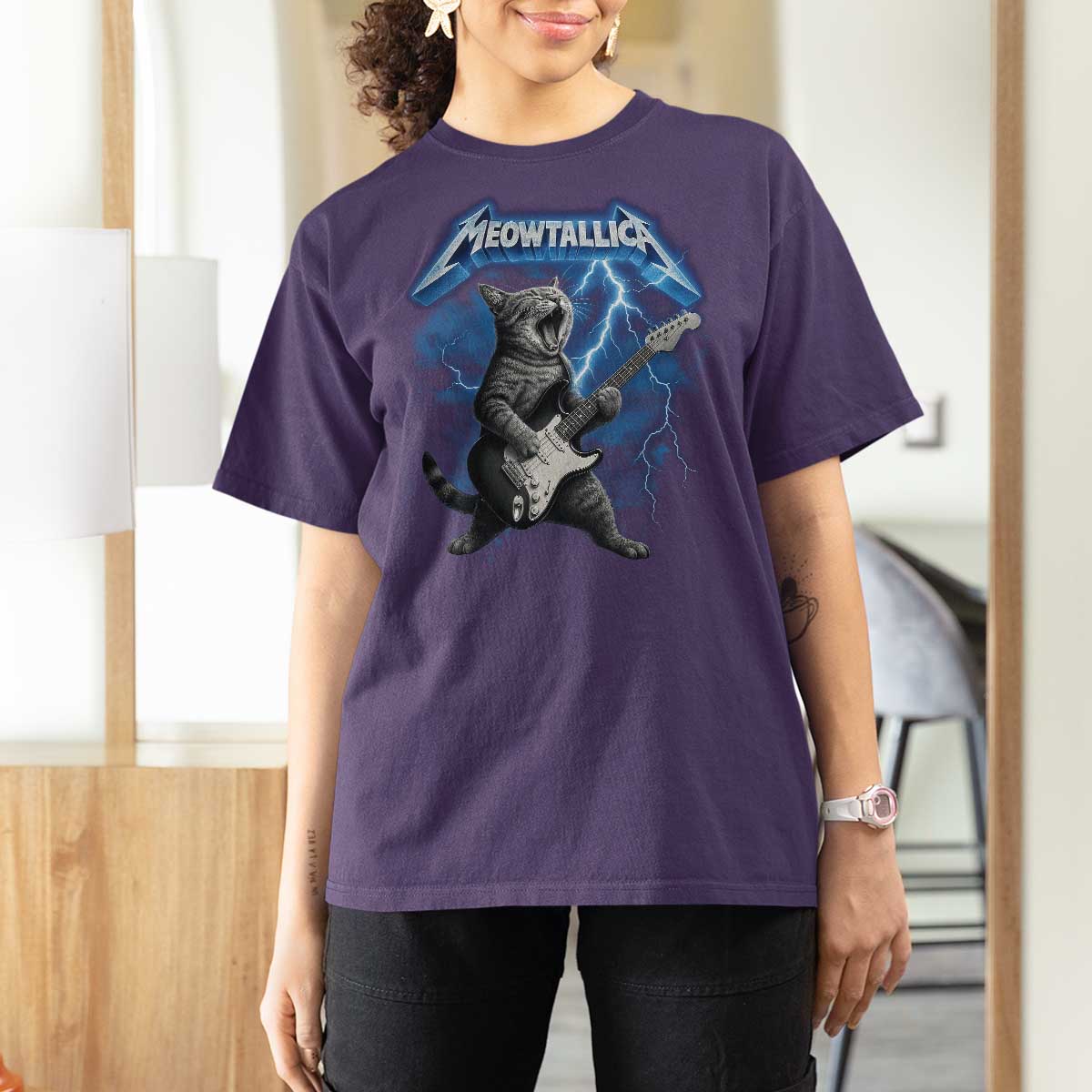 Funny Cat Playing Guitar T Shirt For Women Vintage 90s Style Bootleg Graphic Rock Star Rock Cat - Wonder Print Shop