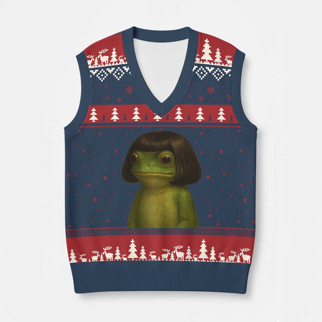Funny Frog Bob Haircut Meme V-Neck Knit Sweater Vest Silly Toad Trends - Wonder Print Shop