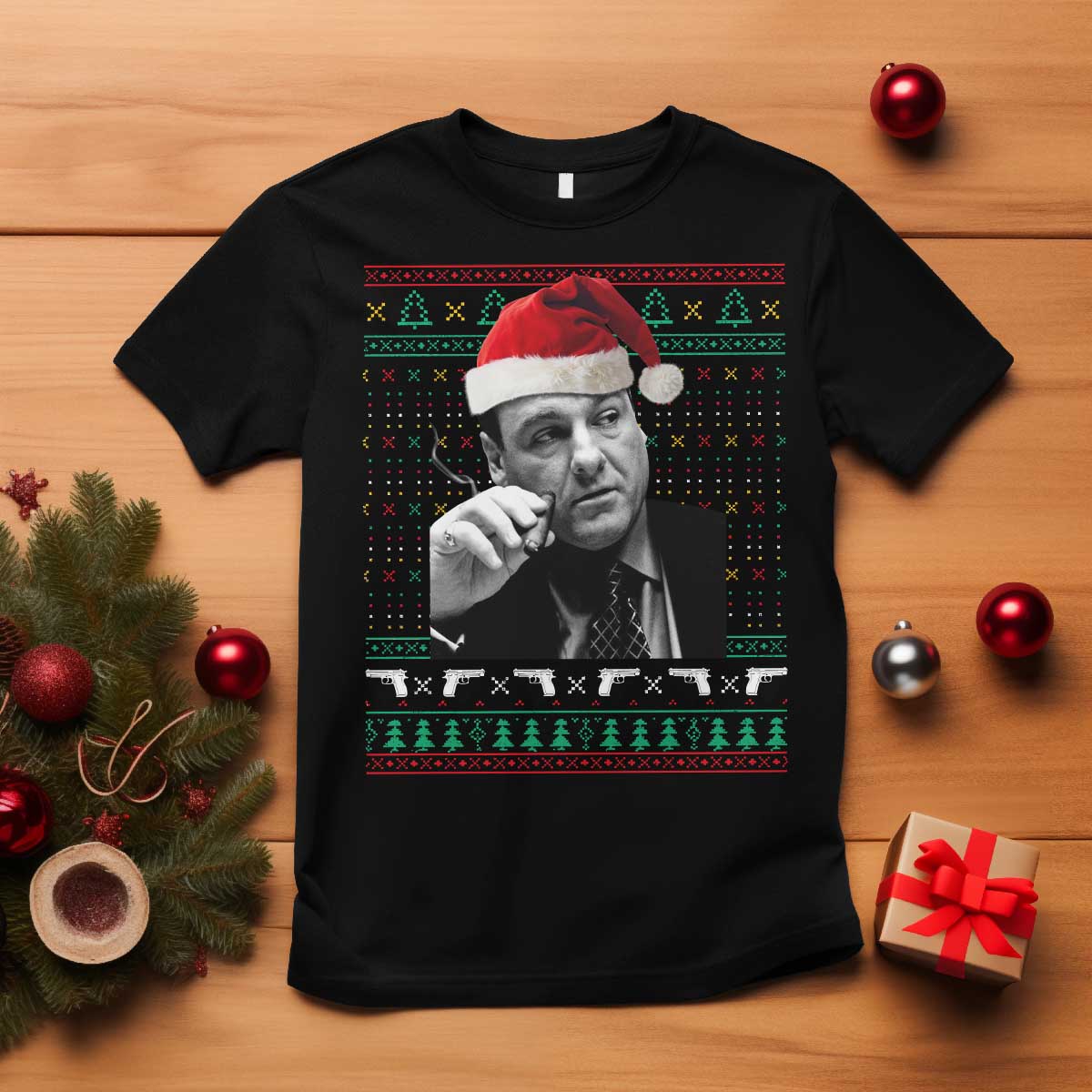 Funny Ugly Christmas T Shirt Funny Mafia Gangster Santa Sopranos Smoking - Wonder Print Shop