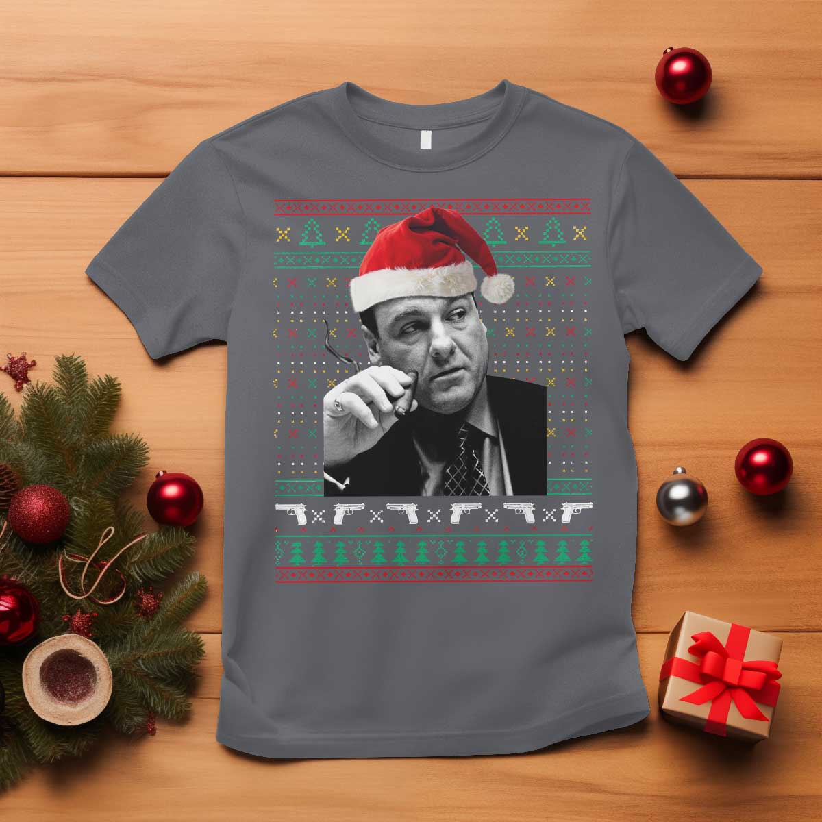 Funny Ugly Christmas T Shirt Funny Mafia Gangster Santa Sopranos Smoking - Wonder Print Shop