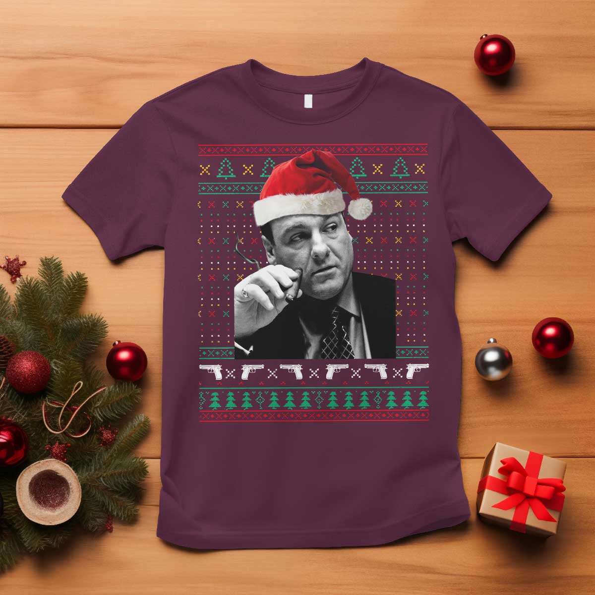 Funny Ugly Christmas T Shirt Funny Mafia Gangster Santa Sopranos Smoking - Wonder Print Shop