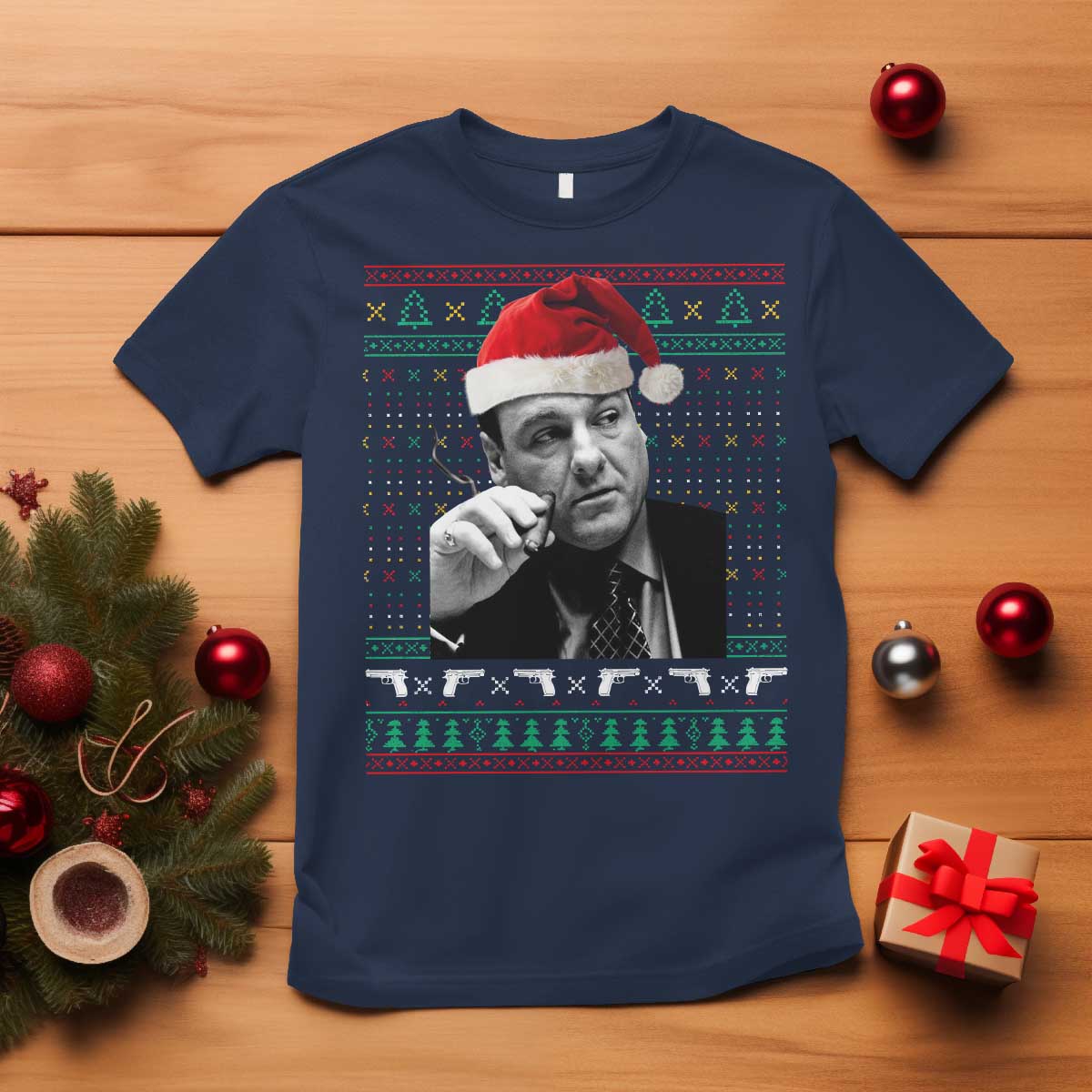 Funny Ugly Christmas T Shirt Funny Mafia Gangster Santa Sopranos Smoking - Wonder Print Shop