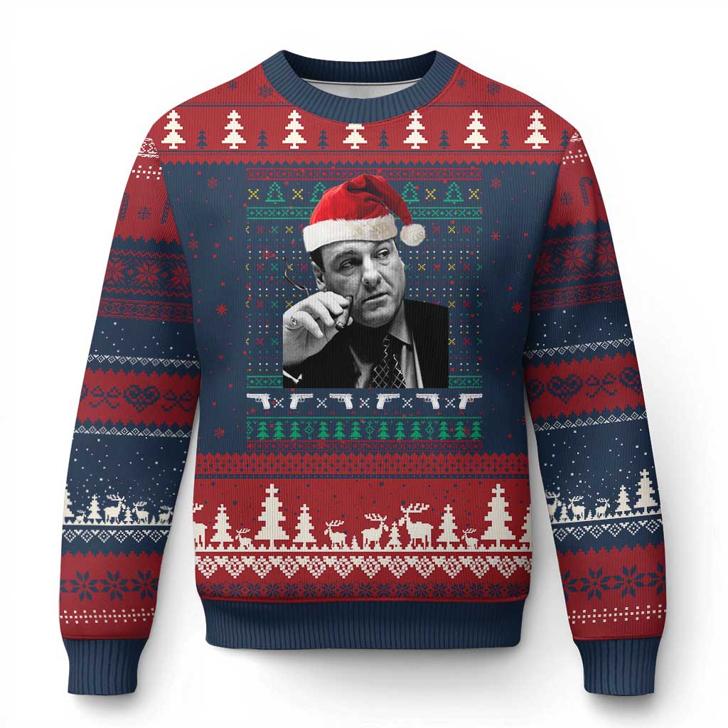 Funny Ugly Xmas Ugly Christmas Sweater Funny Mafia Gangster Santa Sopranos Smoking - Wonder Print Shop