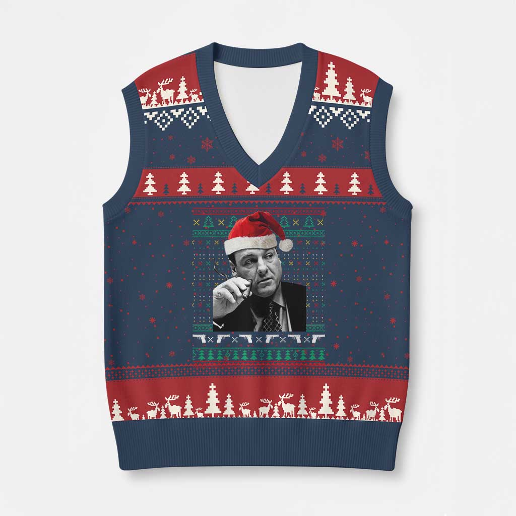 Funny Ugly Xmas V-Neck Knit Sweater Vest Funny Mafia Gangster Santa Sopranos Smoking - Wonder Print Shop