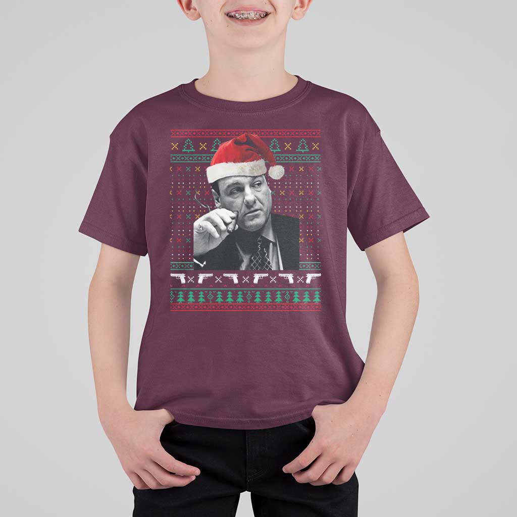 Funny Ugly Christmas T Shirt For Kid Funny Mafia Gangster Santa Sopranos Smoking - Wonder Print Shop