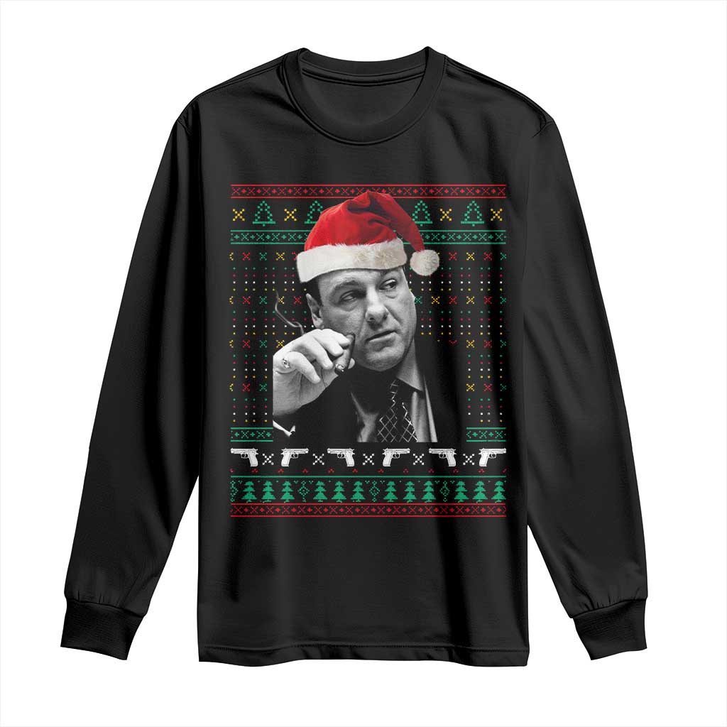 Funny Ugly Christmas Long Sleeve Shirt Funny Mafia Gangster Santa Sopranos Smoking - Wonder Print Shop