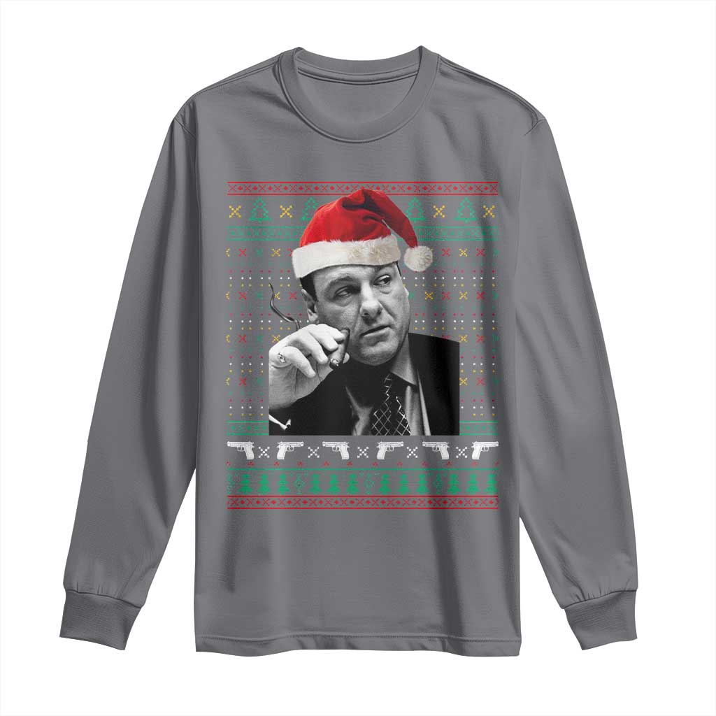 Funny Ugly Christmas Long Sleeve Shirt Funny Mafia Gangster Santa Sopranos Smoking - Wonder Print Shop