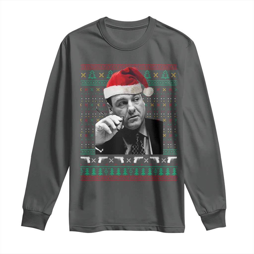 Funny Ugly Christmas Long Sleeve Shirt Funny Mafia Gangster Santa Sopranos Smoking - Wonder Print Shop